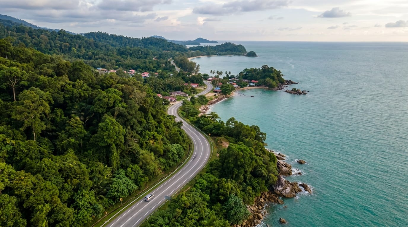 Scenic coastal driving route along Penang island with ocean views