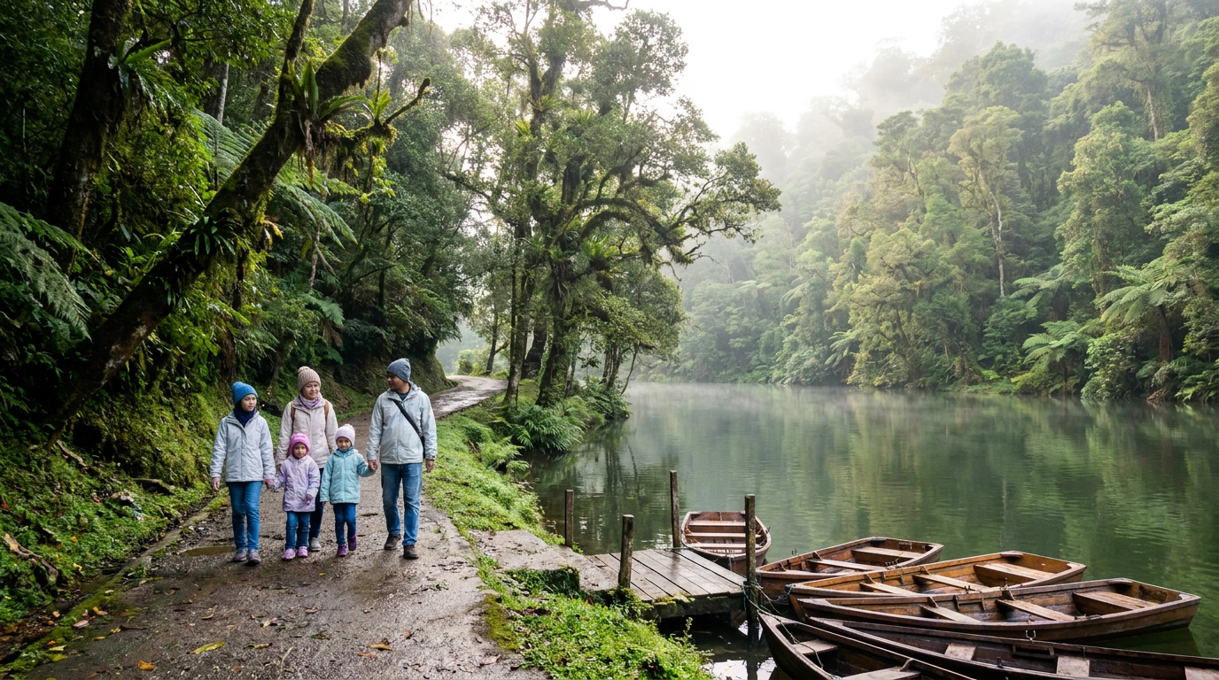 Family walking beside a calm highland lake with tree canopy