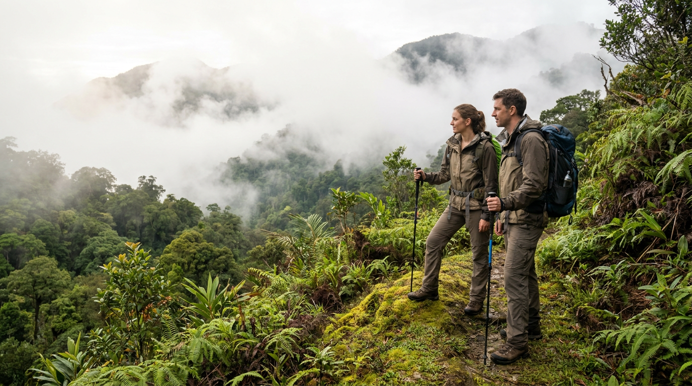 Prepared hikers on a misty Malaysian rainforest ridge with safety gear