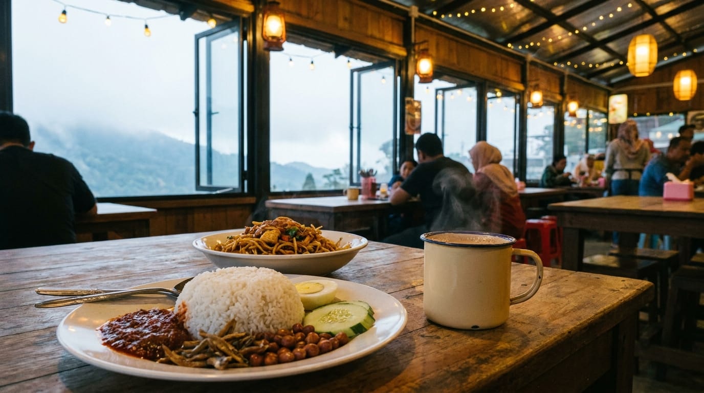 Warm local meal at a casual highland food court