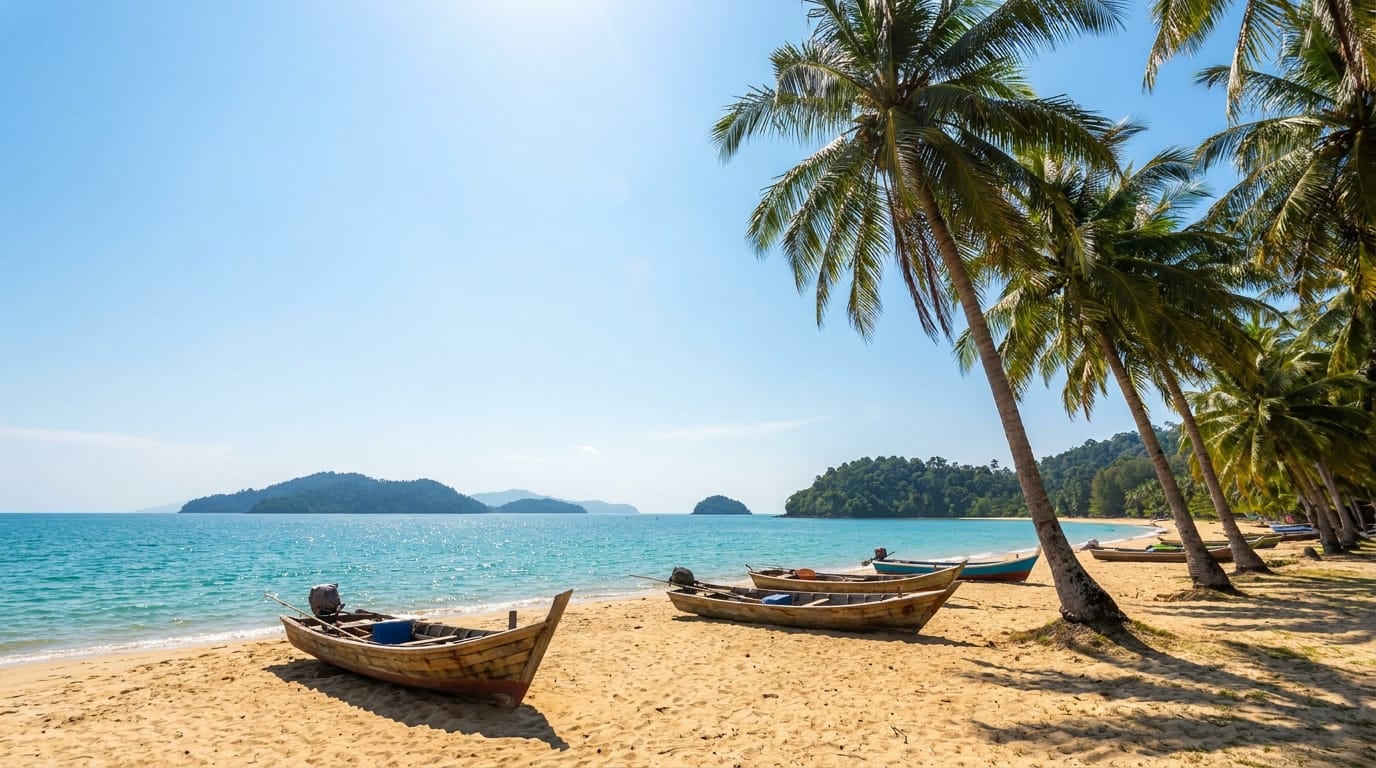 A coastal scene in Sabah, Malaysia, with turquoise sea, sandy beach, and scattered islands in the distance