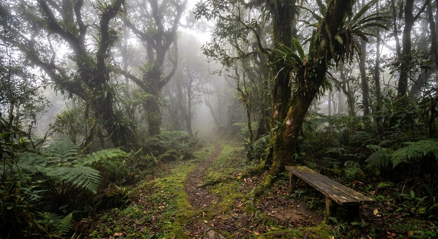 A quiet highland forest path in Malaysia with tall tropical trees and soft diffused light