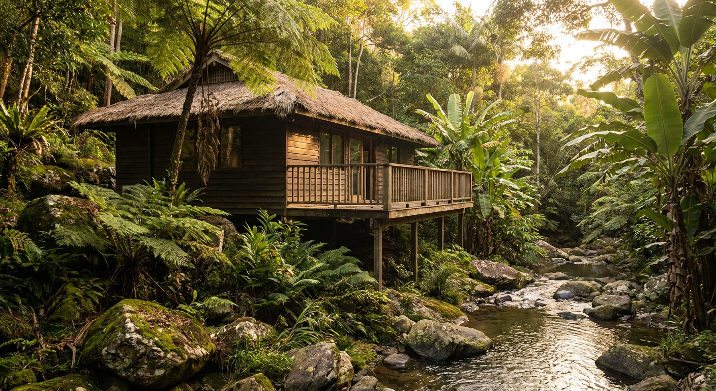 A tasteful private jungle-edge wooden house on a Malaysian hillside near a small stream, surrounded by tropical greenery