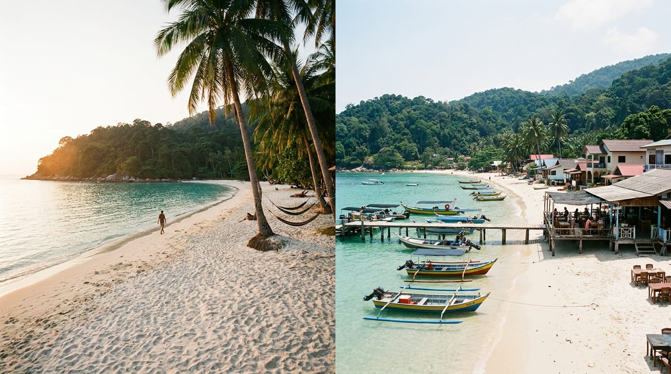 Calm Perhentian Besar beach contrasted with livelier Perhentian Kecil beach scene