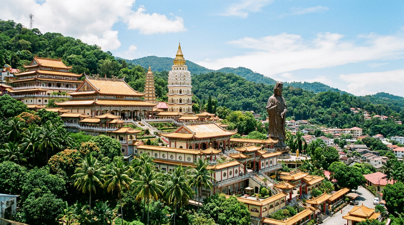 Kek Lok Si Temple complex on a hillside in Air Itam, Penang — multi-tiered temple architecture with ornate Chinese-style roofs and pagoda spires