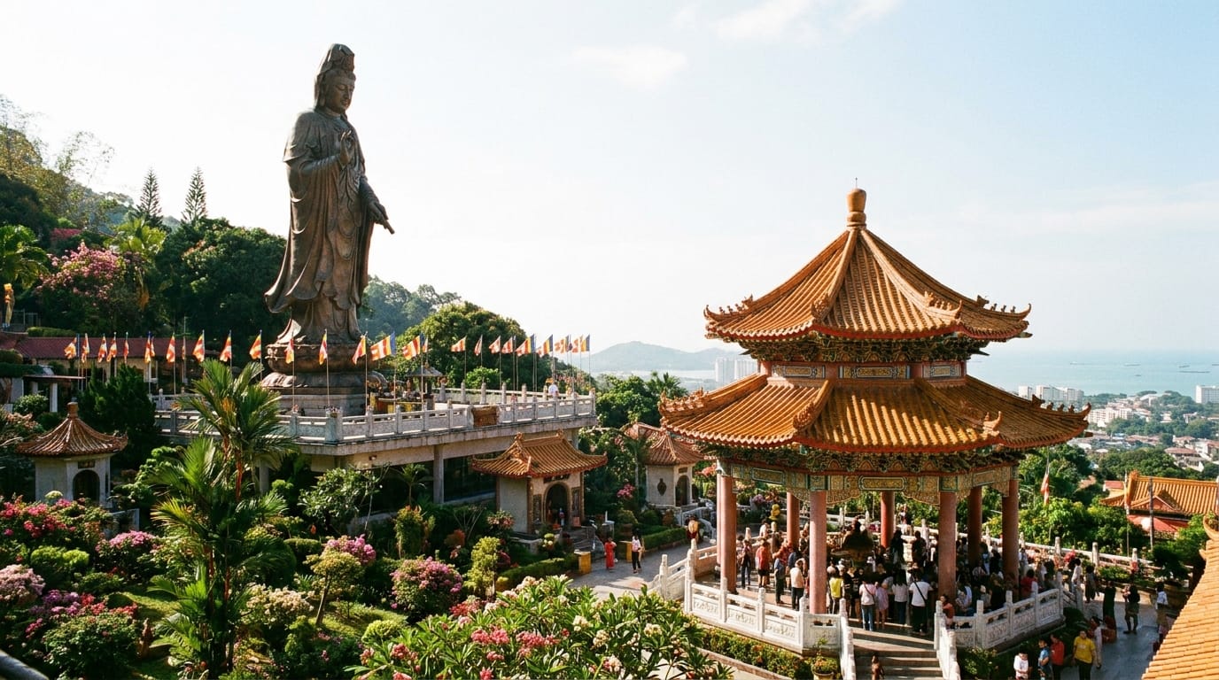 The towering Kuan Yin (Goddess of Mercy) statue and pavilion at Kek Lok Si Temple in Penang