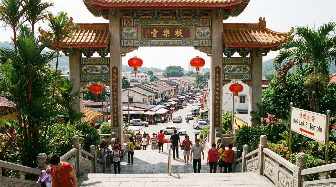 The approach to Kek Lok Si Temple through Air Itam, Penang — traditional Chinese archway entrance with red lanterns and stone steps