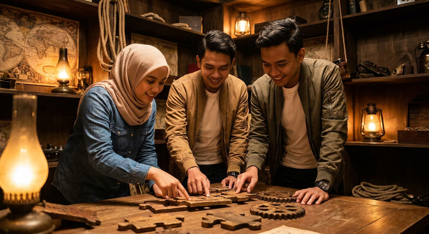 Friends solving an indoor escape puzzle together