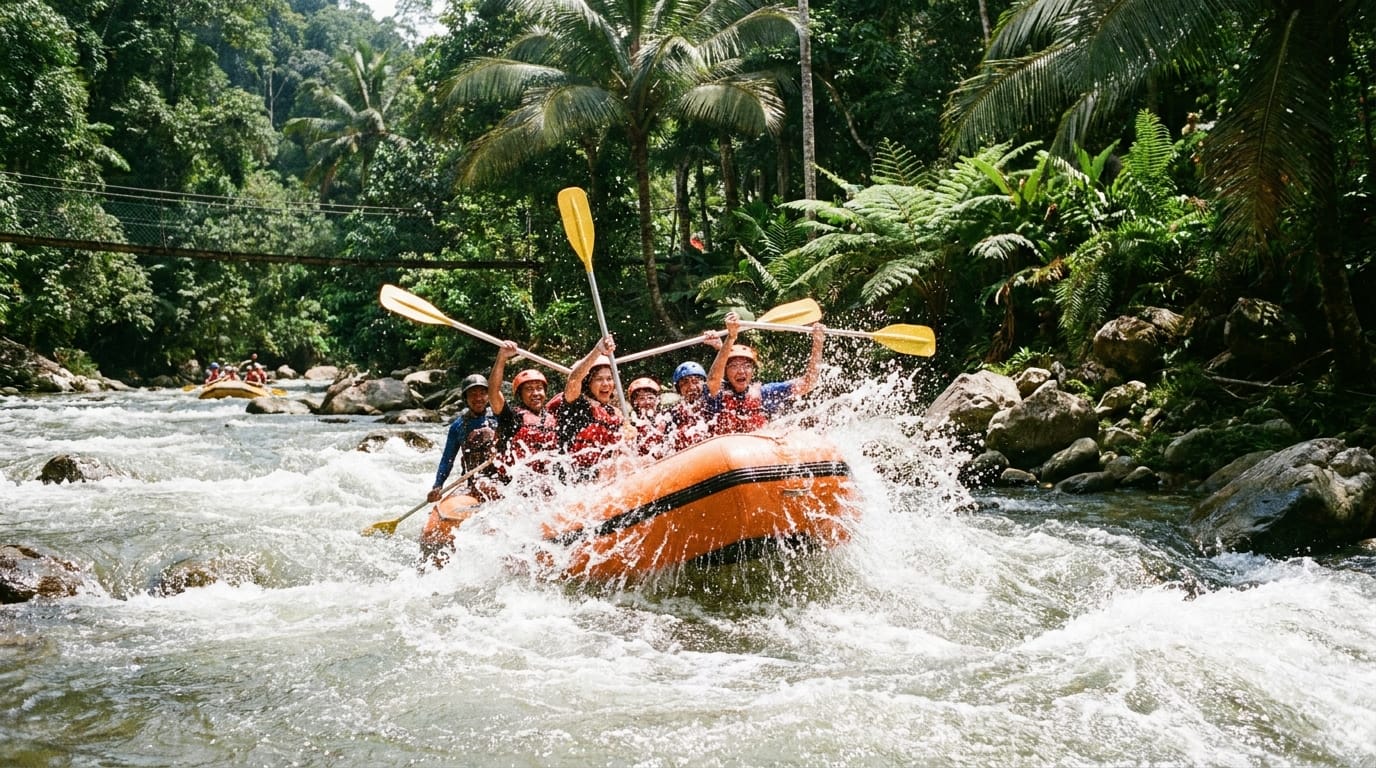 White water rafting action shot in Malaysia — group paddling through rapids on a tropical river