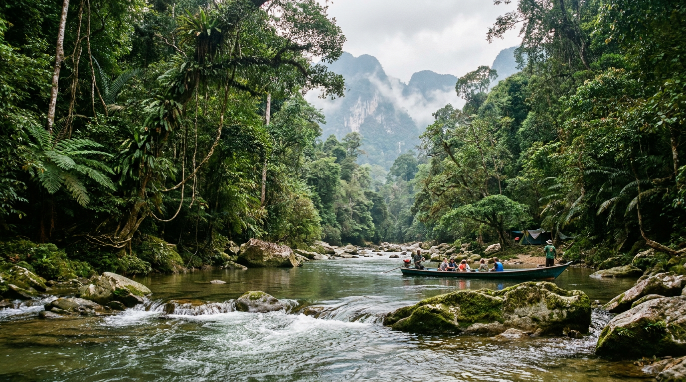 Scenic Malaysian river winding through dense tropical rainforest with gentle rapids