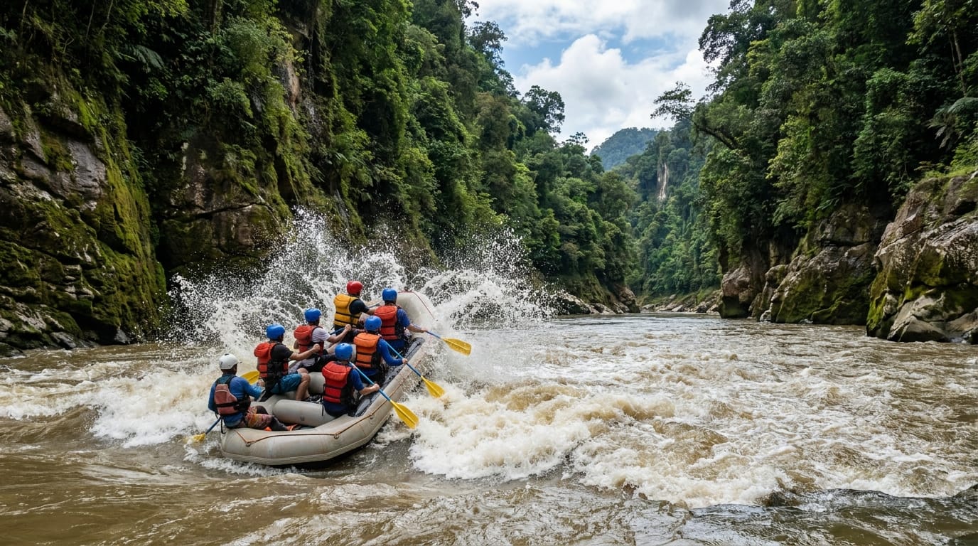 Padas River Sabah — challenging Class III-IV rapids with experienced rafters navigating rough water