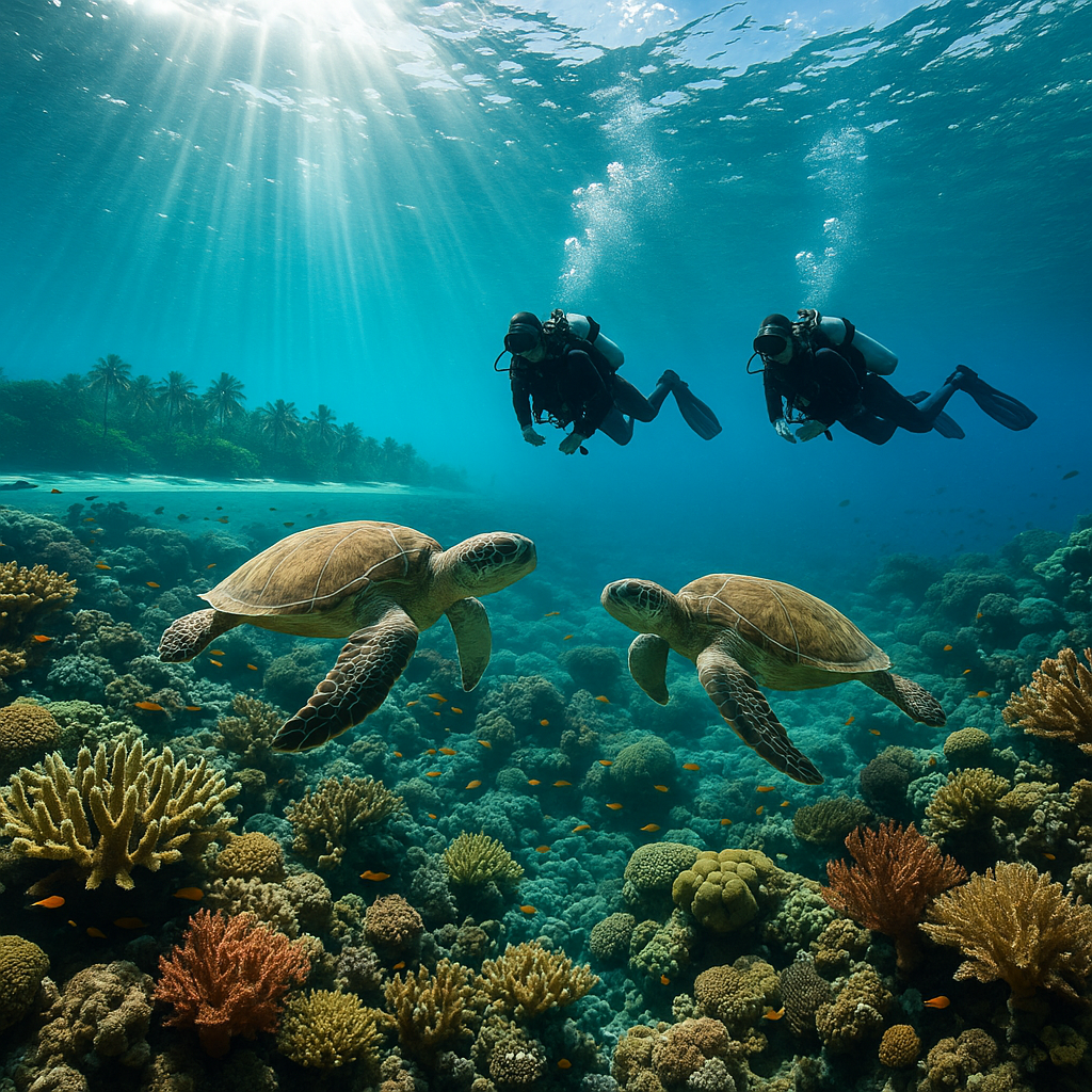 Tropical island diving scene with turquoise water, coral reef, and sea turtles in Sabah