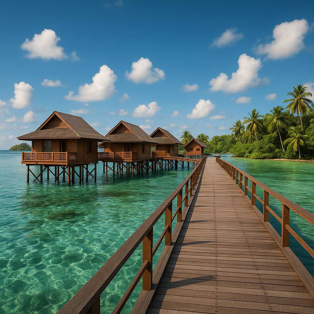 Luxury overwater wooden villas on stilts above crystal clear turquoise lagoon in Sabah