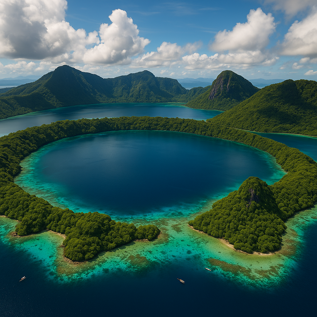 Spectacular volcanic crater lagoon viewpoint with turquoise water in Sabah