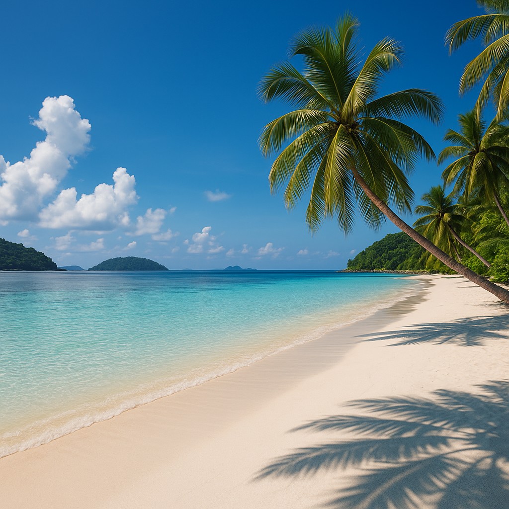 Pristine white sand tropical beach with palm trees and turquoise water in Sabah