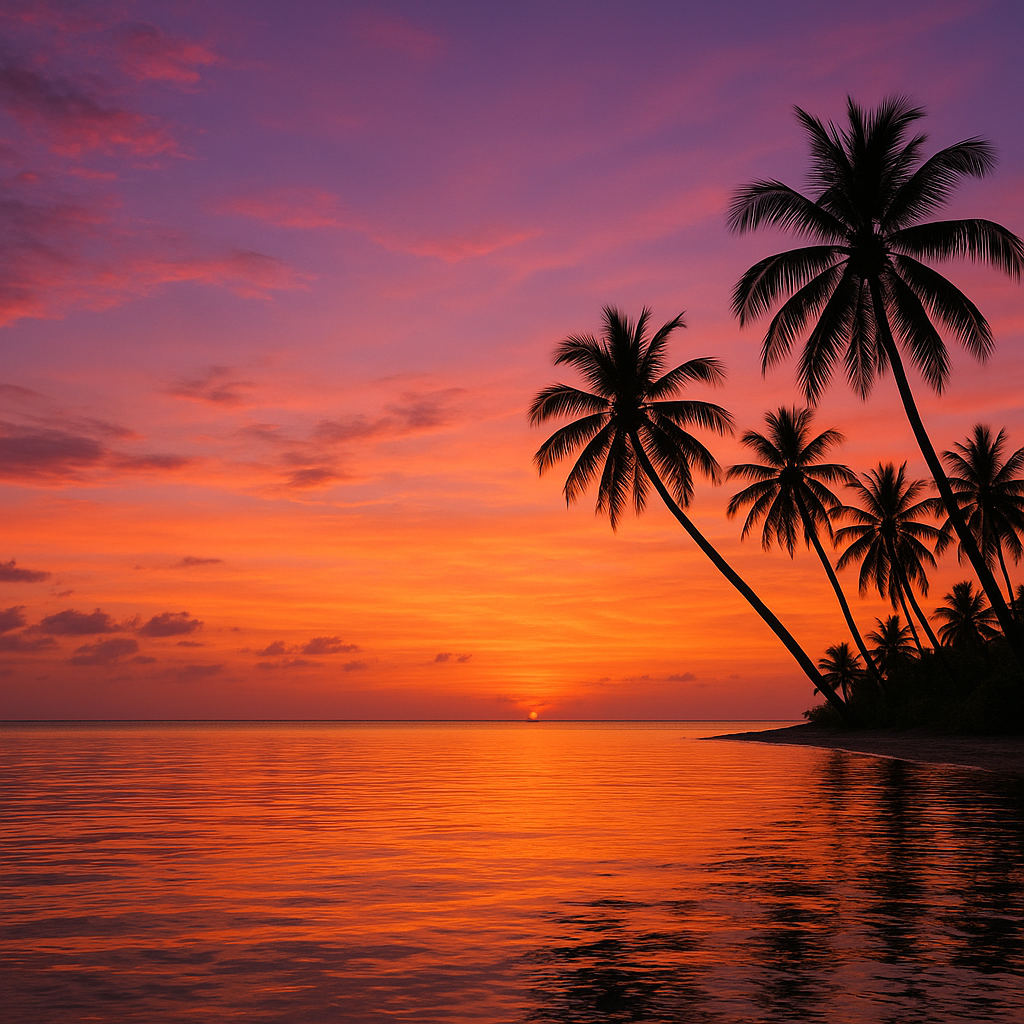 Beautiful tropical island sunset with orange sky reflecting on calm ocean in Sabah