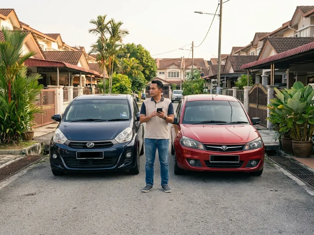 Pemandu membandingkan dua kereta kompak di jalan kediaman sebelum memilih listing yang sesuai