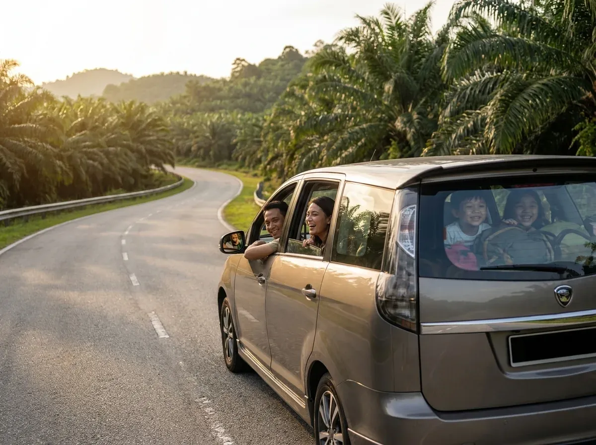 Keluarga Malaysia menikmati perjalanan jalan raya dengan kereta MPV melalui kawasan perladangan kelapa sawit