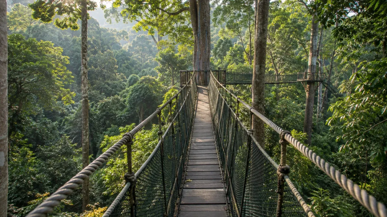 Canopy walkway suspended between tall rainforest trees at FRIM near Kuala Lumpur