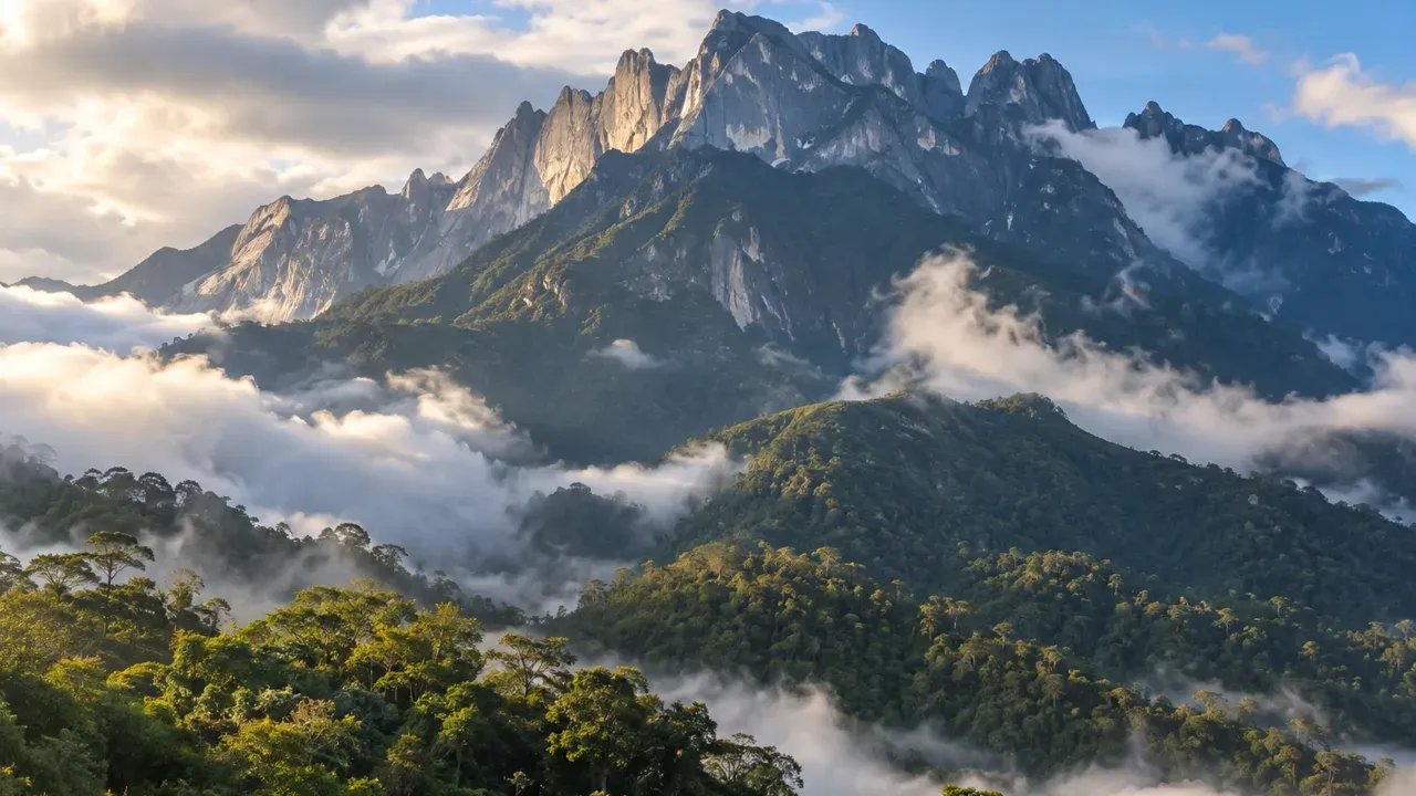Granite peaks of Mount Kinabalu above montane cloud forest in Sabah