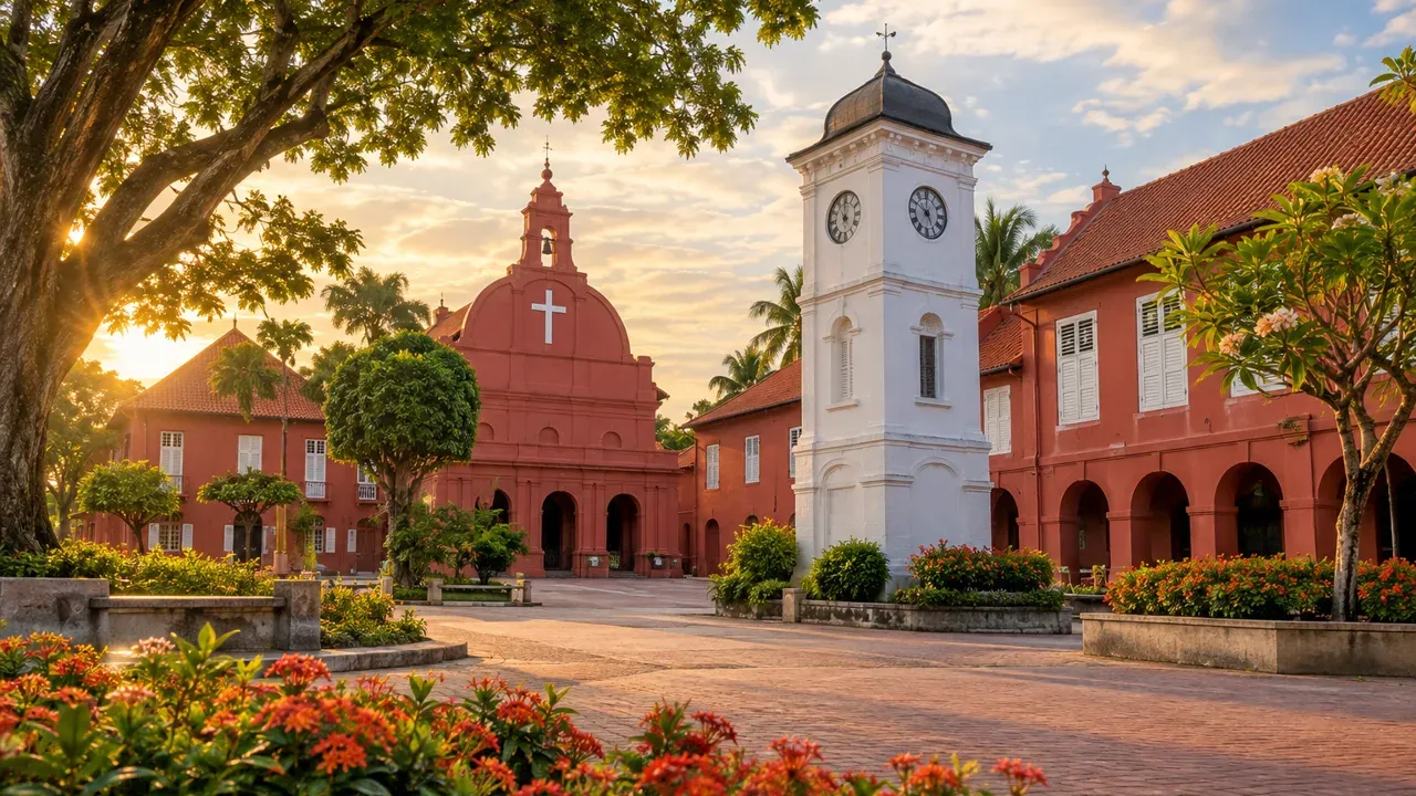 Red colonial-era buildings and the clock tower in historic Melaka city centre