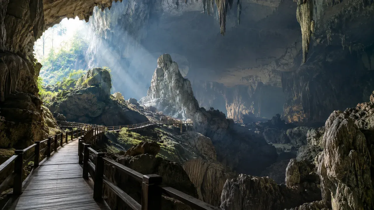 Wooden plankwalk leading into the vast dim interior of Niah Great Cave