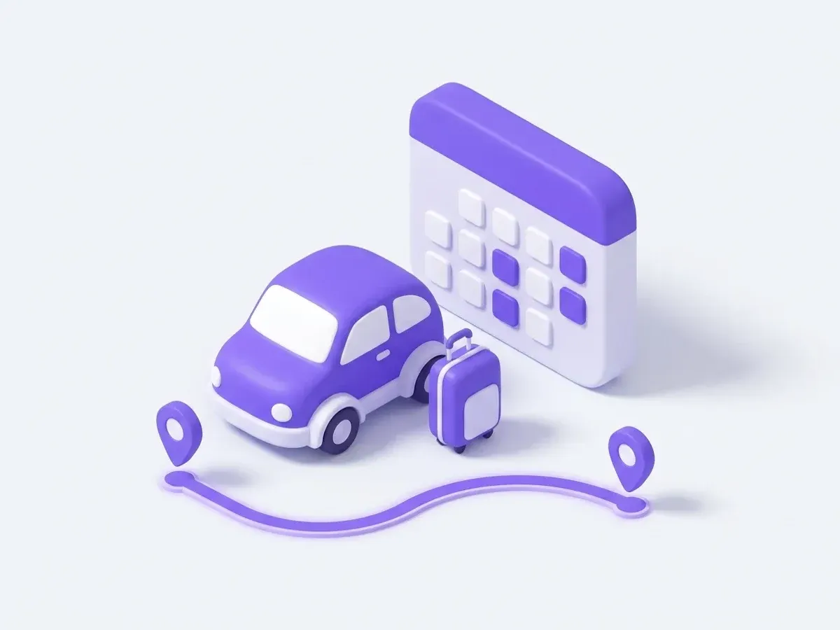 Isometric illustration of trip-duration planning: a car beside a calendar block, a route line between two location pins and a single suitcase.
