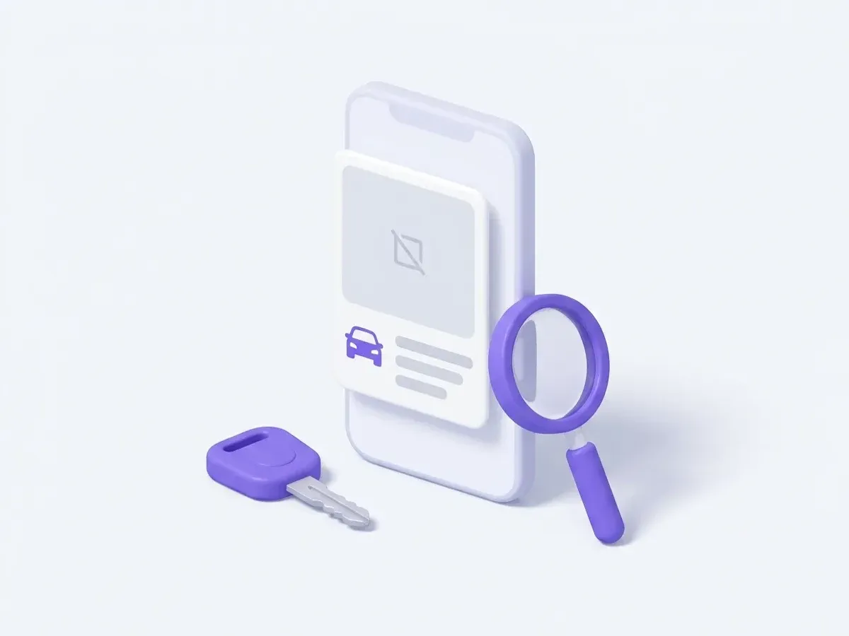 Isometric illustration of a smartphone showing a car listing card with blank text bars, a magnifying glass and a car key beside it.