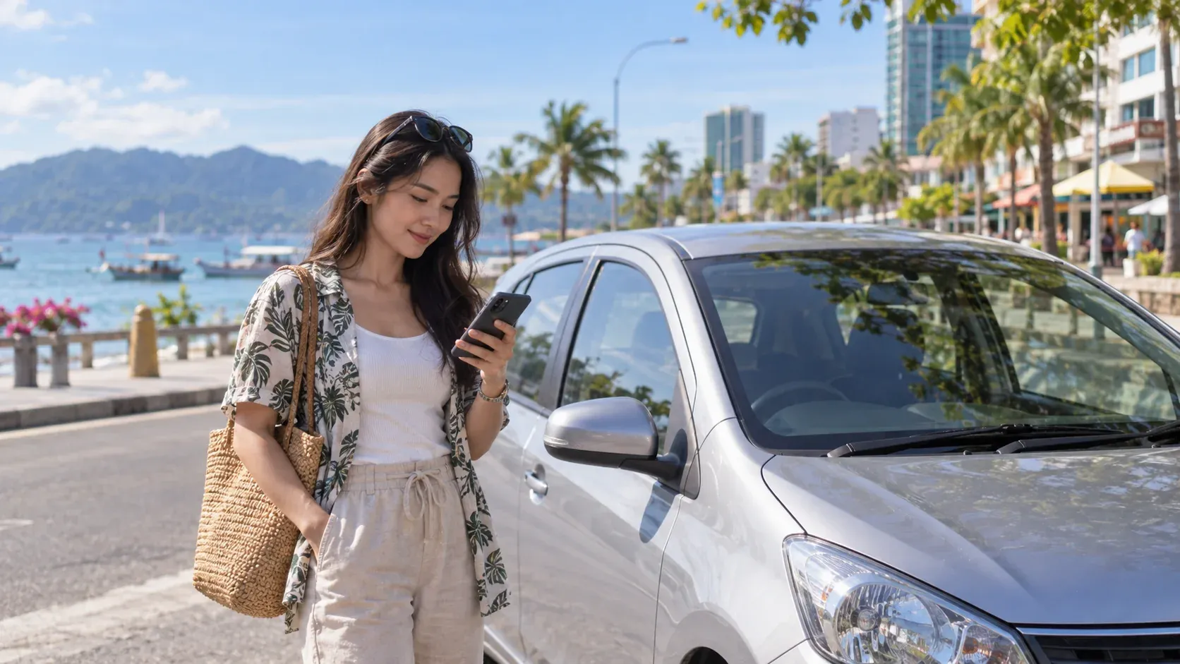 Traveller checking a phone beside a parked rental car on a Sabah coastal street