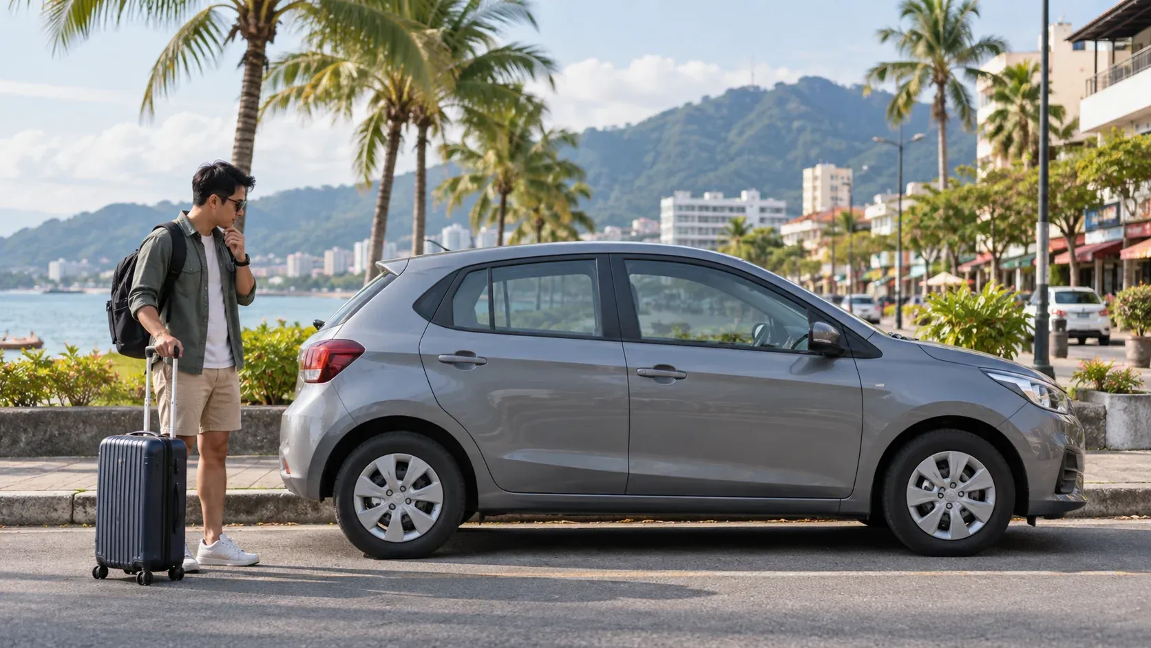 Traveller with luggage beside a parked rental car on a Sabah coastal street