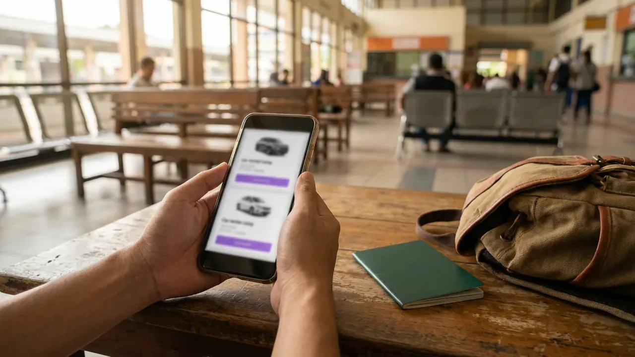 A traveller comparing car rental options on a phone beside a parked car in Malaysia.