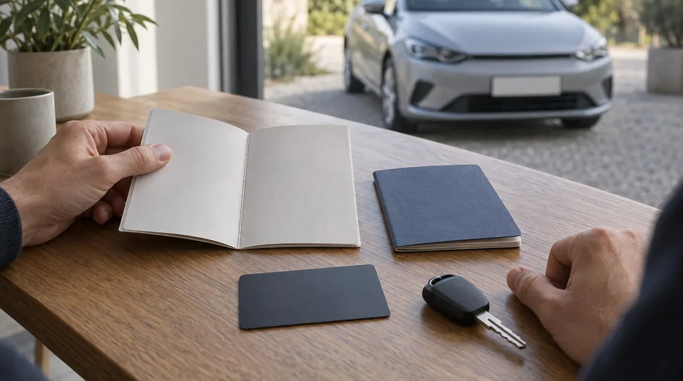 Hands over a desk with a blank passport, a plain licence-sized card and a car key fob, documents prepared before a car rental booking.