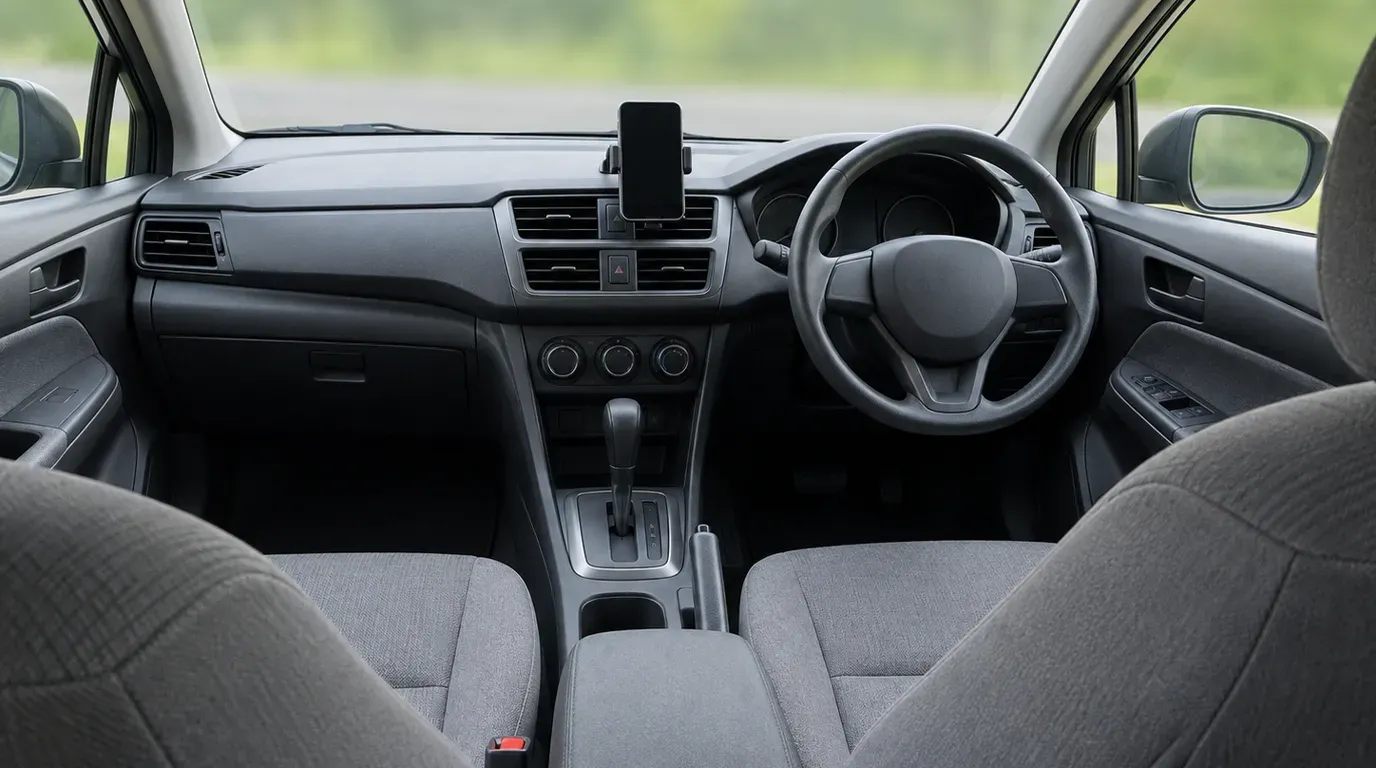 Empty interior of a right-hand-drive car with the steering wheel on the right and a phone mounted on the dashboard.