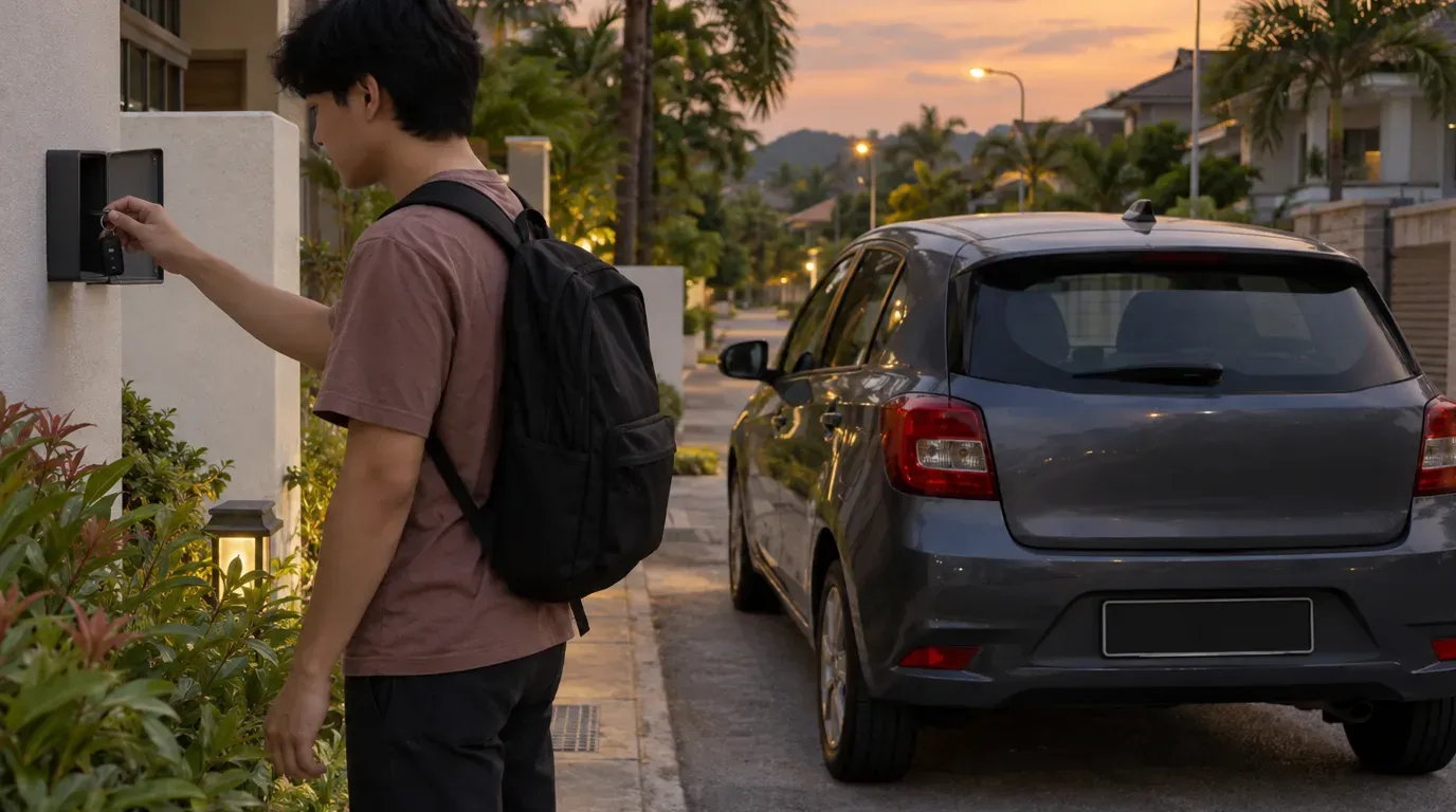 Student collecting a car key from a wall-mounted lockbox beside a parked hatchback on a Malaysian residential street at dusk.