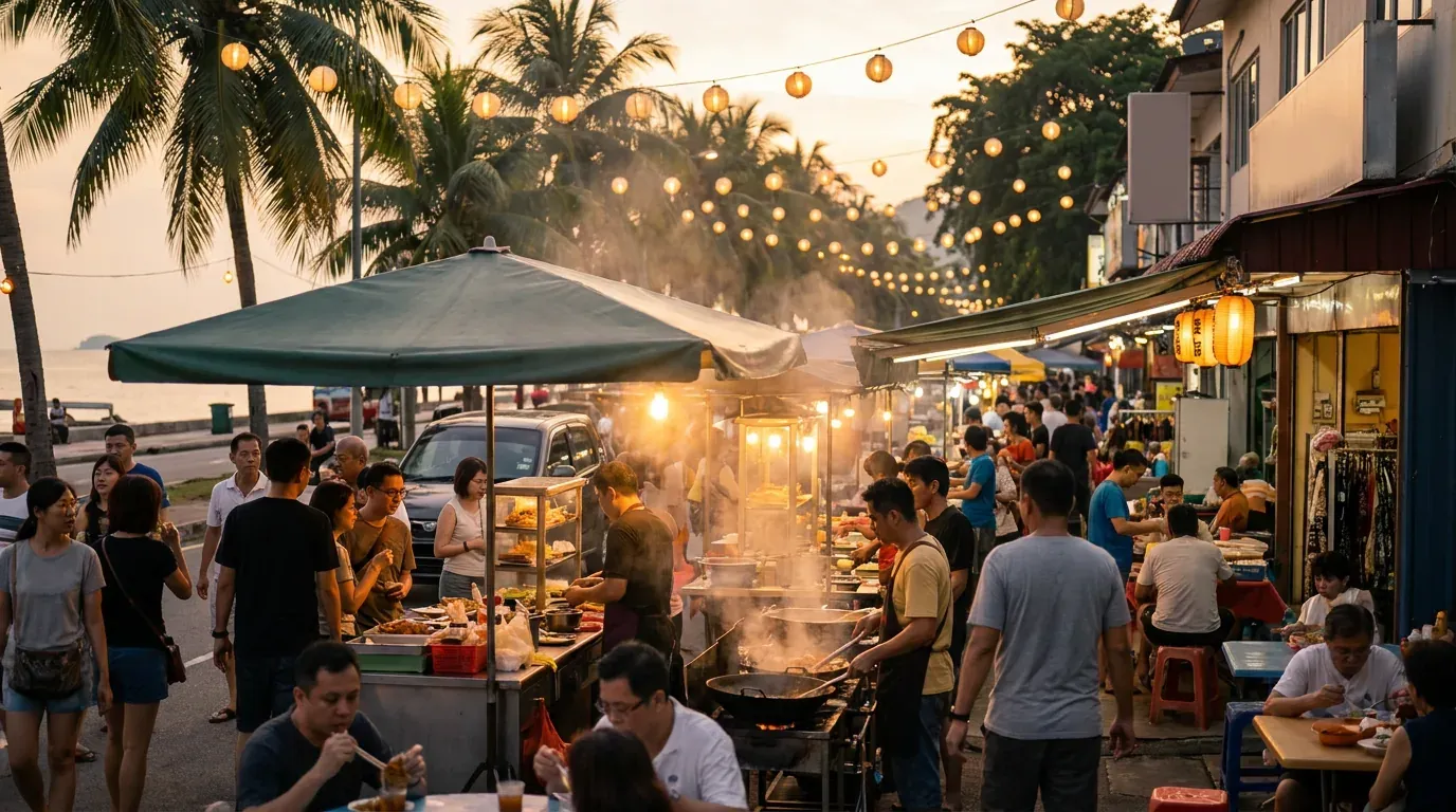 Penang street market scene near monthly car rental pickup points