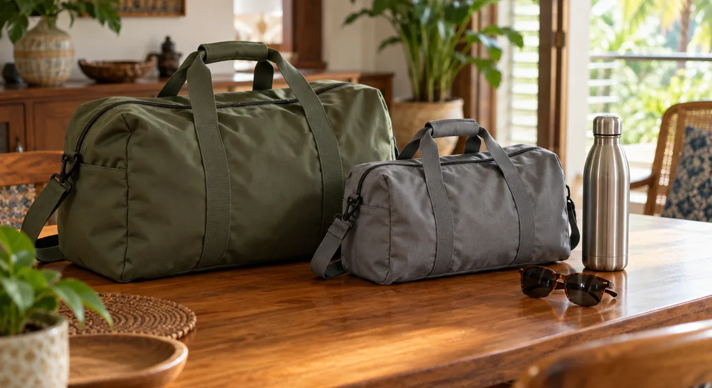 Two soft travel duffel bags of clearly different sizes, one olive-green and one grey, side by side with sunglasses and a water bottle on a wooden table in warm window light.