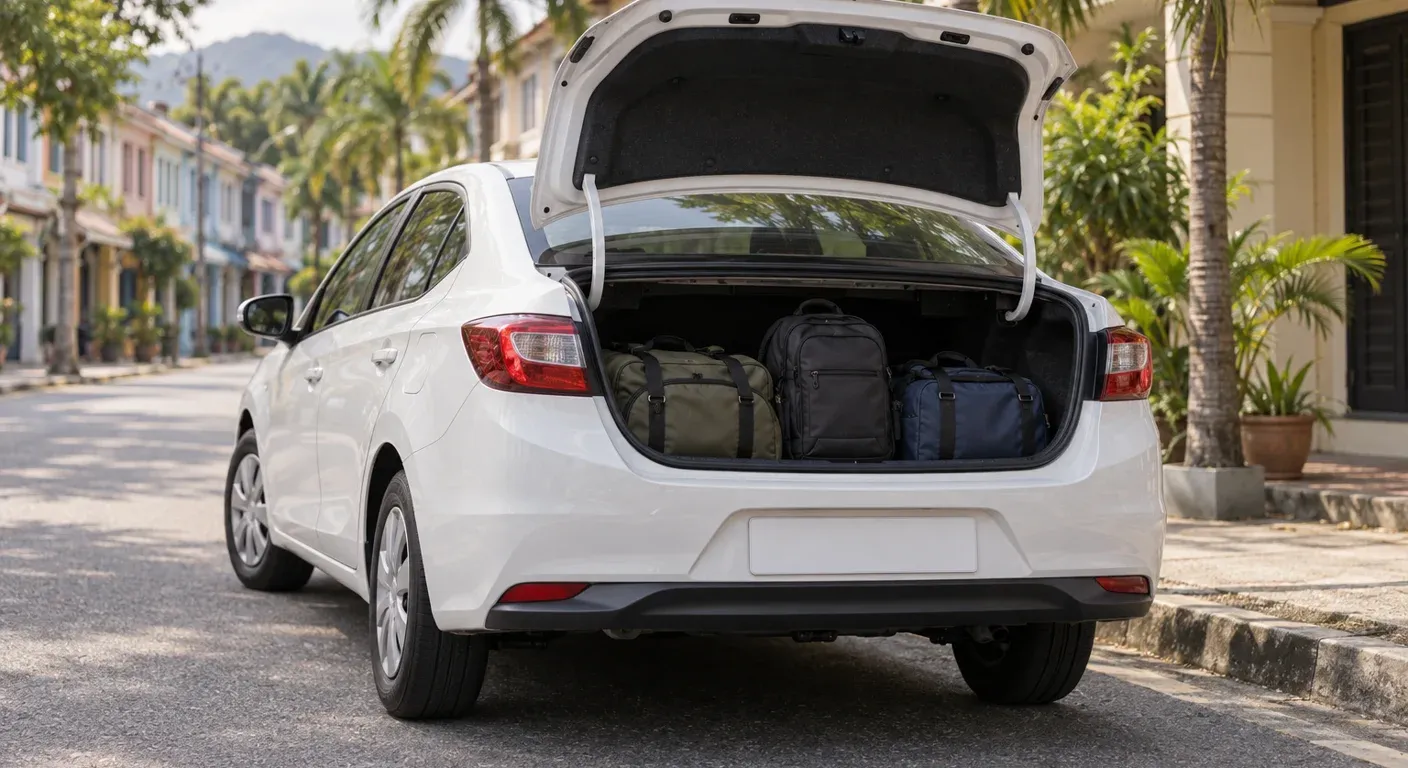 The open boot of a parked white sedan loaded with two duffel bags and a backpack on a quiet Malaysian suburban street with pastel shophouses and palm trees.