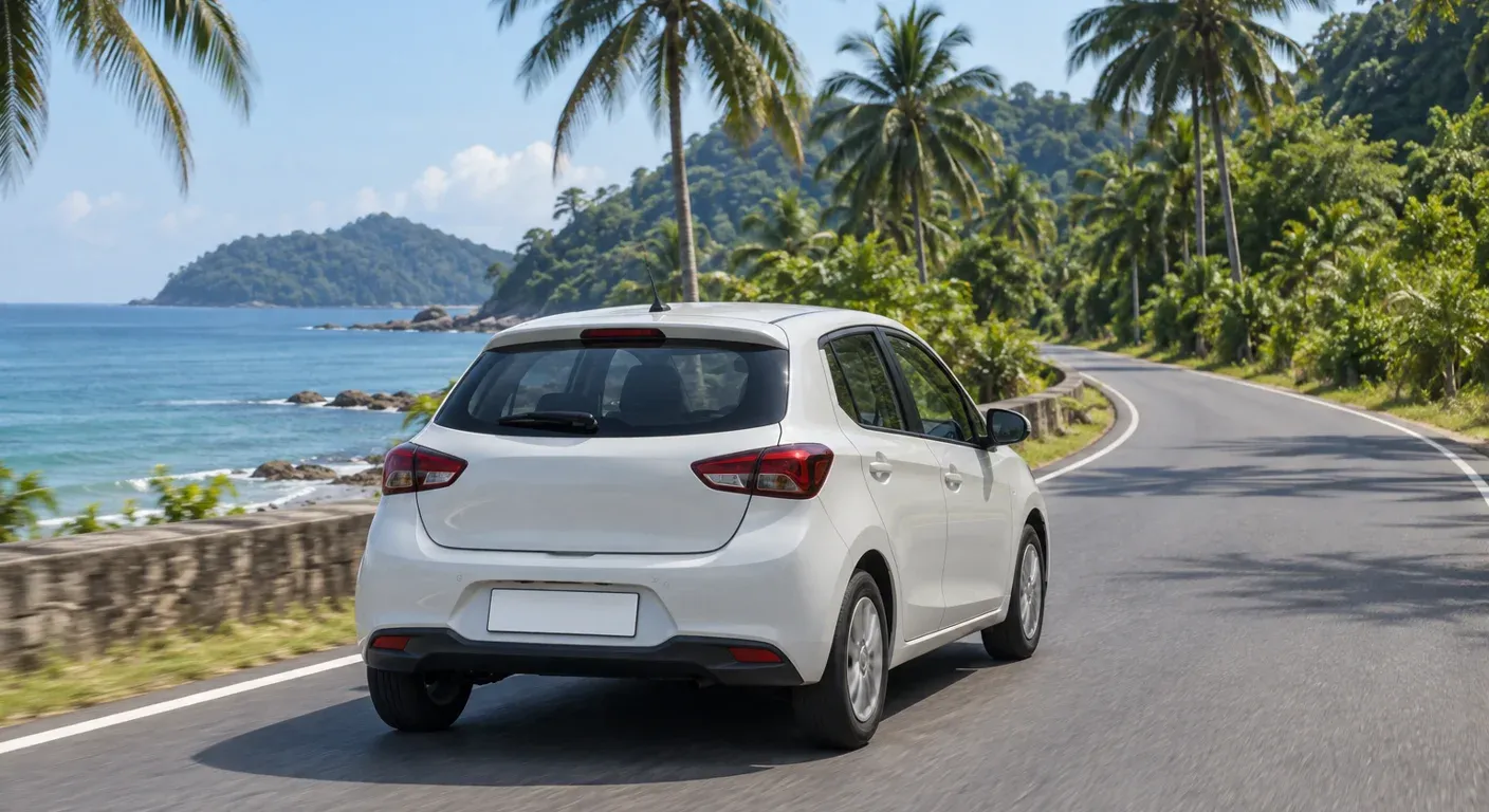An unbranded white hatchback driving along a quiet coastal road in Malaysia in bright daylight with the blue sea visible between palm trees.