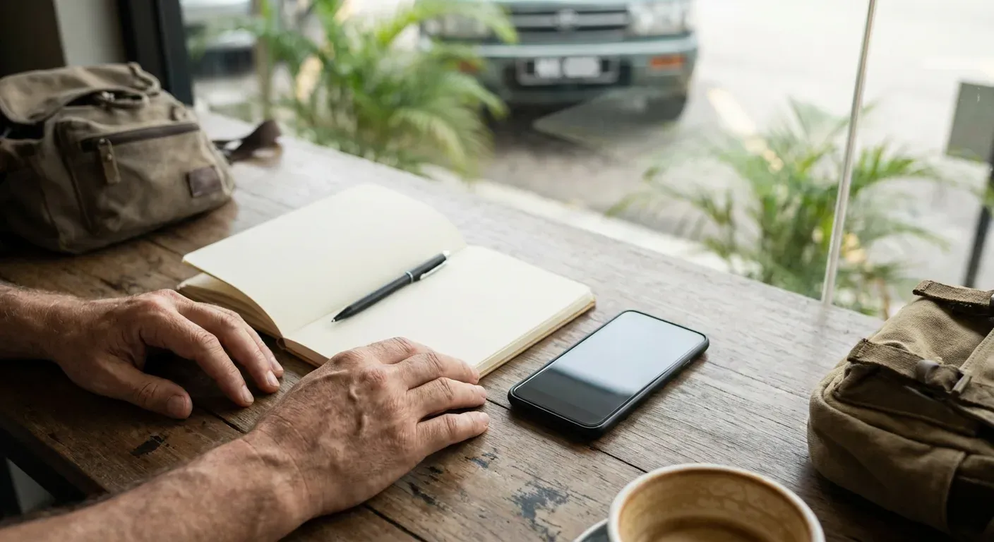 Hands over an open blank notebook and a face-down phone on a cafe table while planning a Malaysia road trip.