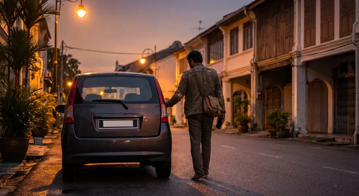 A traveller walking toward a parked compact hatchback at golden dusk with street lamps switching on.