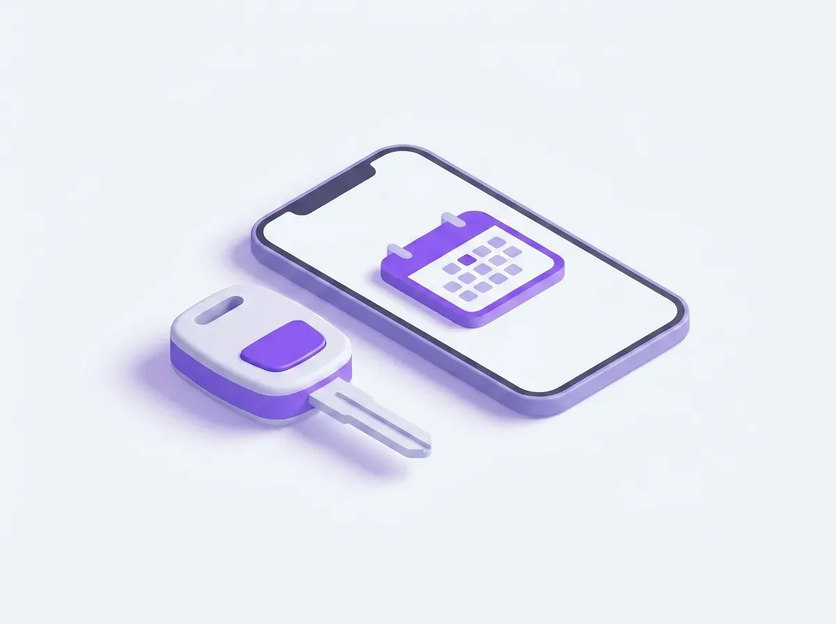 Isometric 3D illustration of a car key and a smartphone with a calendar icon, representing car rental booking and date selection.