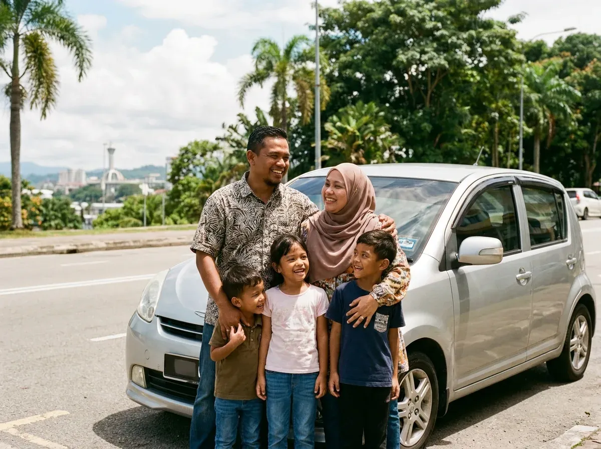 A diverse group of Malaysian friends or a family posing happily in front of a rented car, with Kota Kinabalu city landmarks in the background.