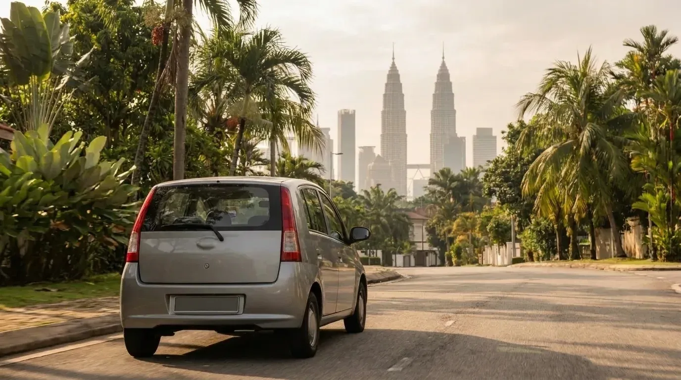 Silver hatchback driving toward the Kuala Lumpur skyline on a palm-lined road.