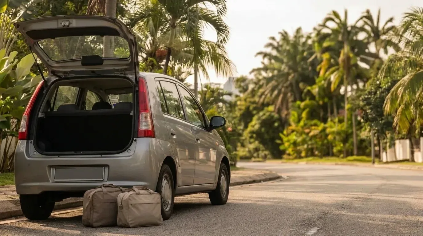 Open boot of a compact hatchback with travel bags placed beside it on a quiet Malaysian street.