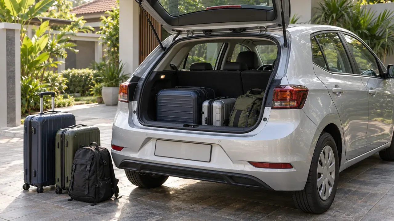 Open boot of an unbranded silver hatchback with suitcases and a backpack arranged beside it on a Malaysian residential driveway.