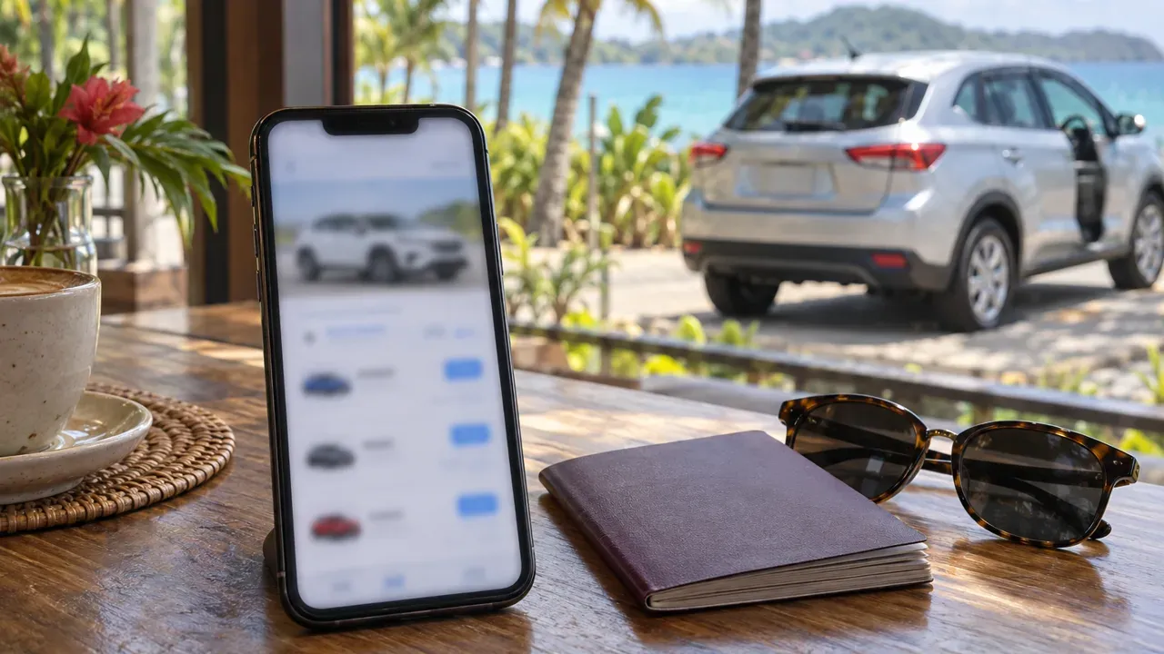 Smartphone showing a blurred car rental listing screen on a wooden cafe table beside a passport and sunglasses, with no readable text.