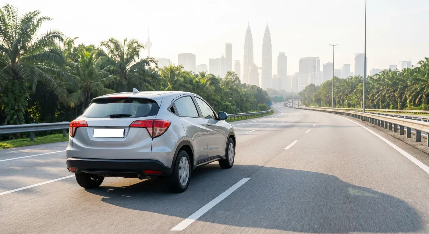 Silver compact hatchback driving along a curved Malaysian highway lined with palm trees, the hazy Kuala Lumpur skyline with the Petronas Twin Towers visible in the distance.