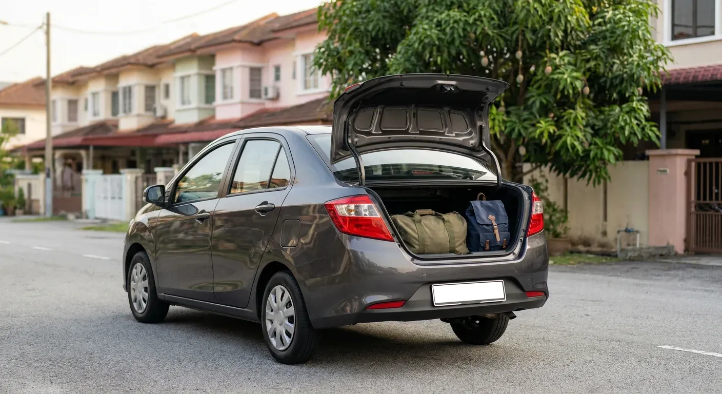 Open boot of a grey sedan loaded with an olive-green duffel bag and a navy backpack, parked on a quiet Malaysian residential street with pastel terrace houses.