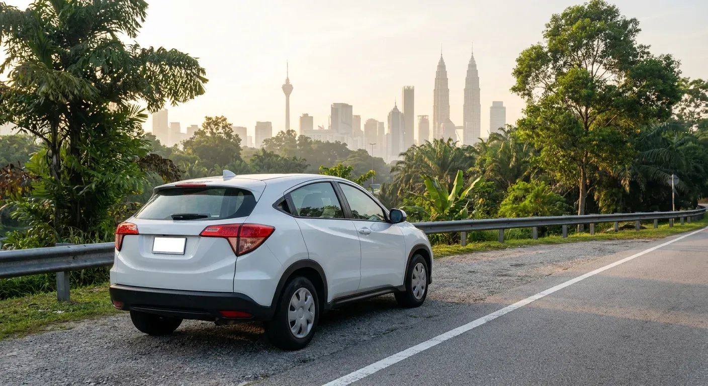 White compact car parked at a green roadside overlook in warm late-afternoon light, the Kuala Lumpur skyline visible in the haze across the valley.