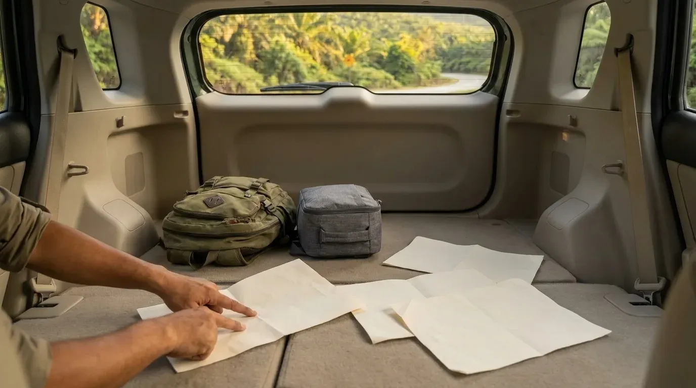 Traveller considering luggage and trip plans before choosing a car in Kuching.